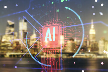 Poster - Double exposure of creative artificial Intelligence abbreviation hologram on blurry office buildings background. Future technology and AI concept
