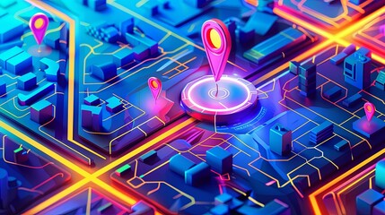 Fototapete - Isometric GPS tracking map showing a pin marker in the middle. Digital abstract background for navigation purposes. Generative AI