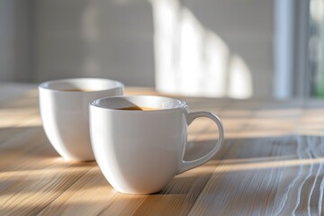 Poster - Two cups of coffee filled with aromatic brew, placed on a wooden table. Generative AI