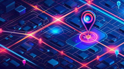 Poster - A futuristic isometric GPS tracking map with a colorful light shining on top, illustrating navigation and digital mapping technology. Generative AI