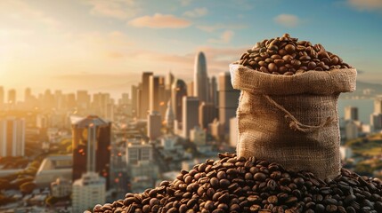 Poster - Bag of coffee beans placed on top of a mound of coffee beans in an urban setting. Generative AI