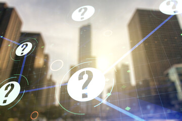 Aufkleber - Abstract virtual question mark illustration on office buildings background. FAQ and search concept. Multiexposure