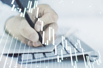 Aufkleber - Multi exposure of abstract financial graph with hand writing in notebook on background, financial and trading concept