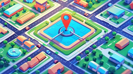 Leinwandbilder - A map showing a red pin for GPS tracking and navigation purposes in an isometric style. Generative AI