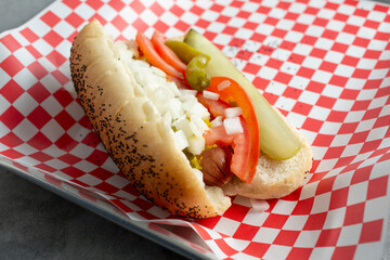 Wall Mural - A closeup view of a Chicago hot dog.