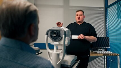 Wall Mural - in an ophthalmology clinic obese doctor tells the results of eye diagnostics to a patient