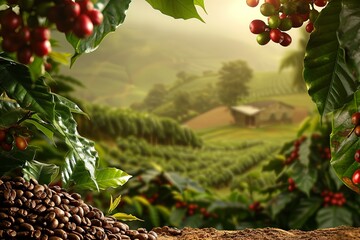 Poster - Coffee beans are shown growing on a tree in a coffee plantation, surrounded by lush greenery. Generative AI