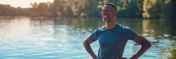 Poster - Excluding the blurred face, a person in contemplation standing by a serene lake during golden hour