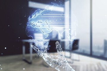 Aufkleber - Double exposure of abstract digital world map and modern desk with computer on background, big data and blockchain concept