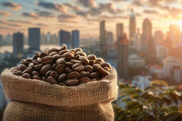 Poster - A sack of coffee beans placed in front of a city skyline. Generative AI