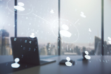 Poster - Social network concept and modern desktop with computer on background. Multiexposure