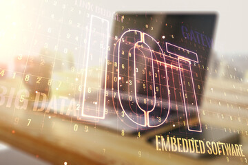 Poster - Creative IOT illustration and modern desktop with pc on background, future technology concept. Multiexposure