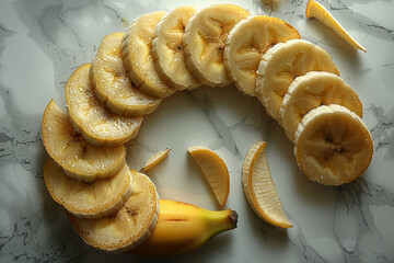 Sticker - Banana slices forming the shape of a crescent moon. Concept of potassium-rich foods. Generative Ai.