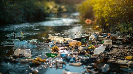 polluted river filled with plastic bottles and trash, highlighting environmental pollution and water