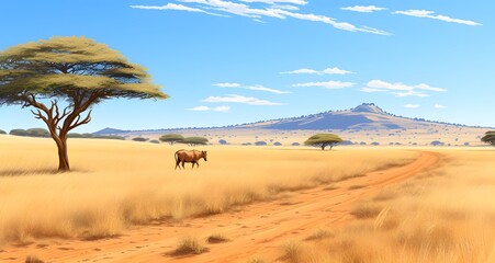 Poster - an animal walking across a dry grass field next to a tree