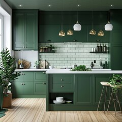 Sticker - Modern green kitchen interior with forest green cabinets, white backsplash, and pendant lighting