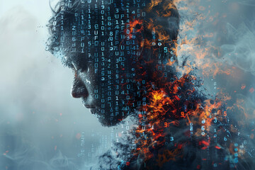 Aufkleber - a human silhouette dissolving into a cloud of numbers. concept of time fragmentation. generative ai.