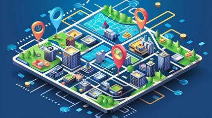 Leinwandbilder - Isometric GPS tracking map with numerous buildings, showing navigation pins on street maps and abstract map background. Generative AI