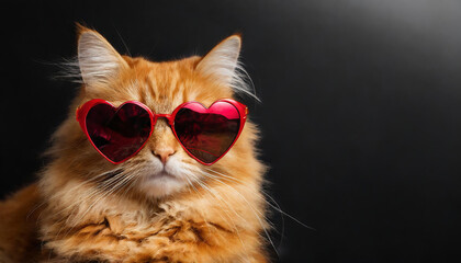 A ginger cat with heart-shaped sunglasses looking at the camera. Background for valentine's day or black friday with copy space.