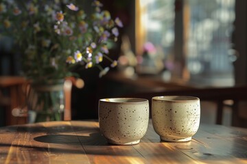 Two white cups filled with aromatic coffee sitting on a wooden table. Generative AI