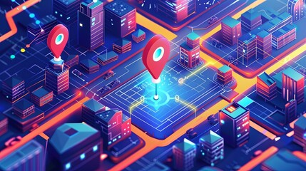 Fototapete - A map with a red marker pinpointing a location in the bustling city center. Generative AI