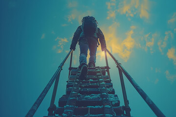 Aufkleber - a person climbing a ladder where each rung is a year of their life. concept of life's ascent and tim