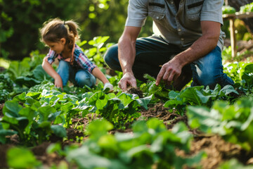 Wall Mural - A father and his daughter bond and care for plants in their vegetable garden during summer