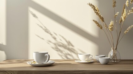 Poster - A wooden table is adorned with cups and saucers, creating a cozy and inviting setting. Generative AI
