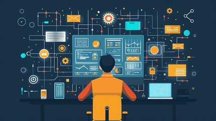 Imagine a flat design of a UXUI designer working on a highfidelity mockup