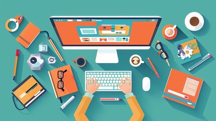 Imagine a flat design of a UXUI designer working on a highfidelity mockup