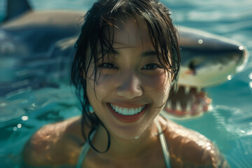 Wall Mural - Asian woman playing with sharks in the sea.