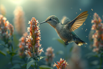 Wall Mural - A tiny hummingbird hovering near a flower, its rapid wingbeats a blur as it sips nectar from the blooms. Concept of pollination and floral symbiosis. Generative Ai.
