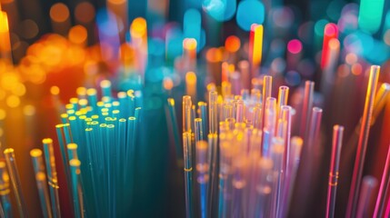 Collection of fiber optic cables with loose tubes, central strength member, water-blocking glass yarn, and ripcord, on a blurry technology background, multimode or single mode.