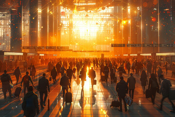 Poster - A chaotic scene at a crowded airport terminal as travelers hurry to catch their flights amidst the chaos of delays and cancellations. Concept of travel stress and uncertainty. Generative Ai.