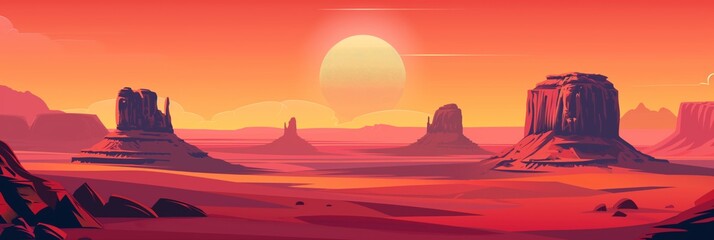 Stylized digital illustration of a desert scene with alien planet and red hues, depicting a science fiction theme