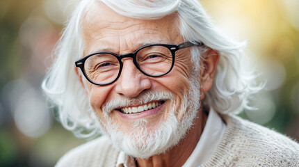 Wall Mural - A distinguished older man with white hair and glasses exudes warmth and wisdom as he smiles