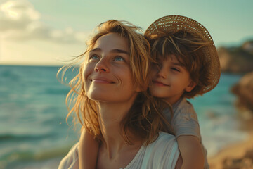 Caucasian mother and son hugging each other by the sea.