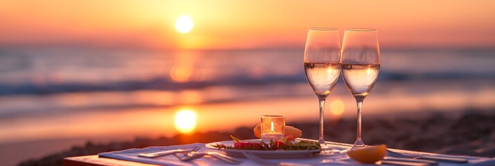 Wall Mural - An elegant beach dinner setup with two glasses of wine overlooking the sunset and ocean