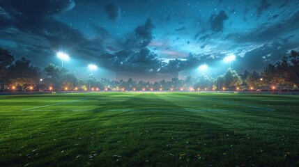 Wall Mural - Nighttime perspective of cricket field with stadium lights on, part of modern sports complex in 3D rendering series.