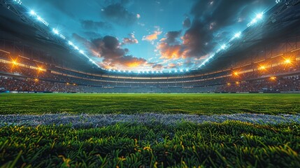 Wall Mural - Packed stadium awaits an evening game on lush green field. 3D sports venue backdrop with fervent crowd.