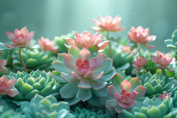 Wall Mural - Subtle pastel green and coral succulents in soft light. Concept of nature and serenity. Generative Ai.