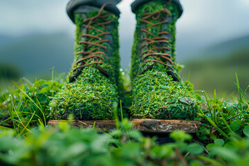 Sticker - A man wearing shoes made of grass. Concept of eco-friendly fashion and innovation. Generative Ai.