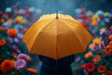 Poster - A person holding an umbrella with raining flowers. Concept of joy and fantasy. Generative Ai.