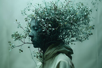 Poster - a person turning into a tree, their limbs becoming branches. concept of nature and continuity. gener