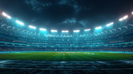 Wall Mural - Vibrant cricket stadium aglow with fans in nocturnal view, part of contemporary sports complex in 3D rendering.