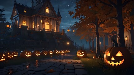 Wall Mural - Halloween background with pumpkin and castle, 3D illustration. Generative AI