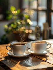 Poster - Two cups of coffee resting on top of a wooden table. Generative AI
