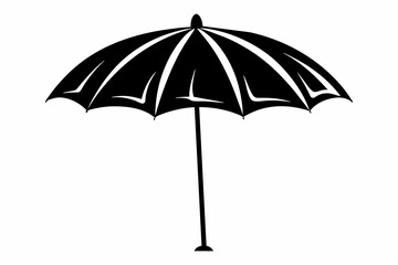 Wall Mural - Black beach umbrella with a simple geometric design. Minimalist style, monochrome artwork, weather protection concept. Black silhouette isolated on white background.