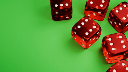 Fototapete - Gambling game banner. Six red dice on the green table. 3d render.