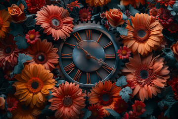 Poster - a clock’s gears transforming into blooming flowers. concept of time and life. generative ai.